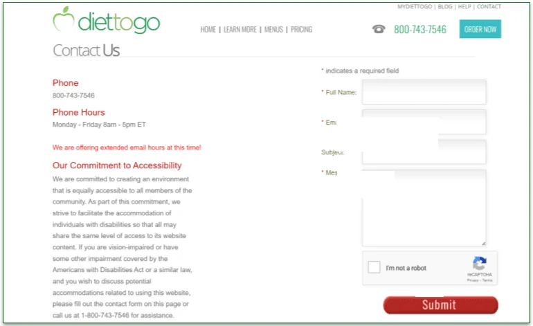 Screenshot of Diet-to-Go's customer contact form