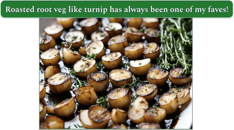 some roasted turnips on a baking tray with thyme and herbs