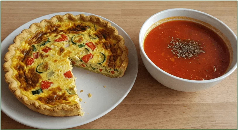 A bacon quiche, split into 8 pieces.