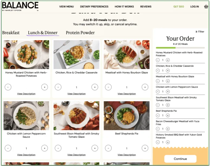 Adding items to your order from the Balance by Marley Spoon menu.
