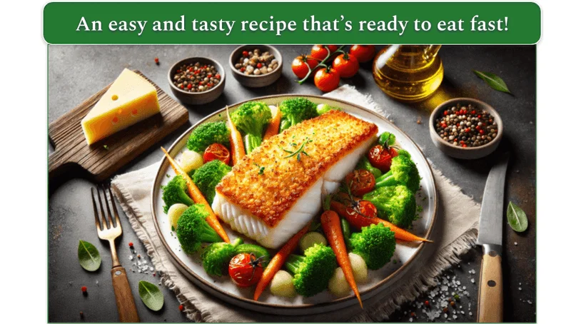 Breadcrumb-covered haddock on a plate surrounded by a range of vegetables