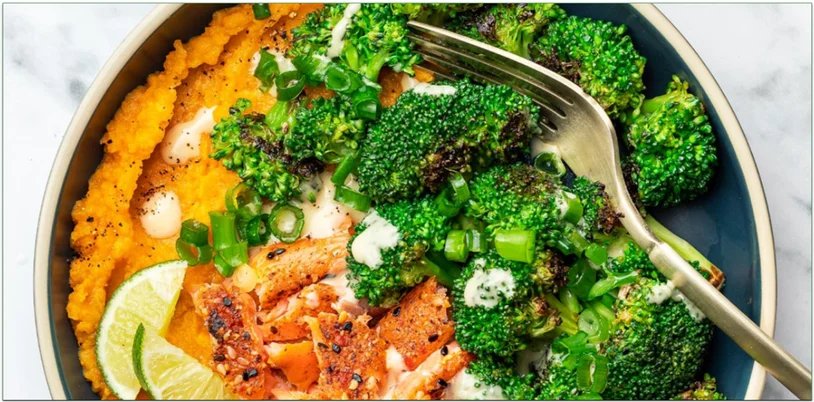 Photo of a dish with Hungryroot's Miso Salmon and Broccoli Sweet Potato Mash