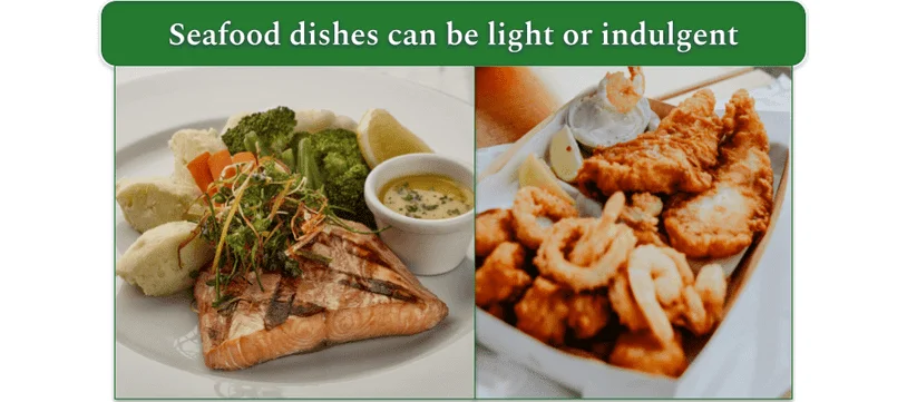 Side-by-side photos of a healthy lean salmon dish and a fried seafood platter