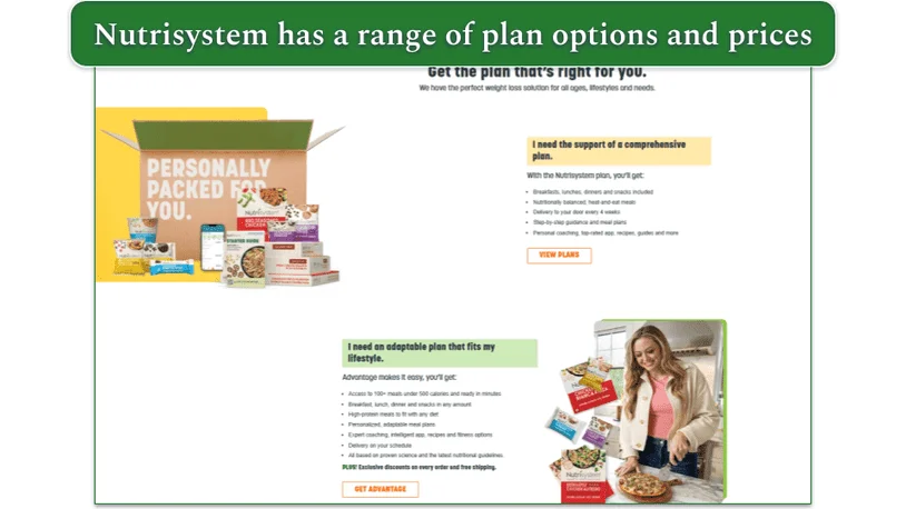  Screenshot of Nutrisystem's plan options including comprehensive plans and adaptable plans