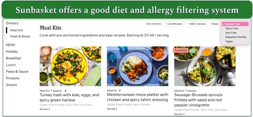 The menu filtering options on Sunbasket's website