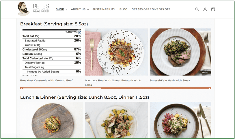 Screenshot of Pete's Real Food menu with breakfast and lunch & dinner options