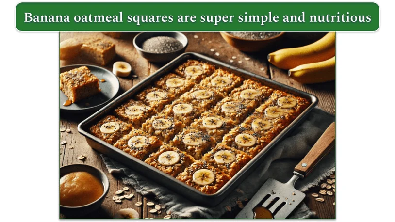 a pan of banana and oatmeal squares beside a spatula with chia seeds