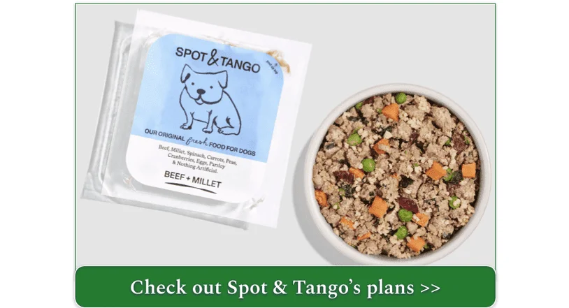 A bowl and a package of Spot & Tango's Beef+Millet Recipe
