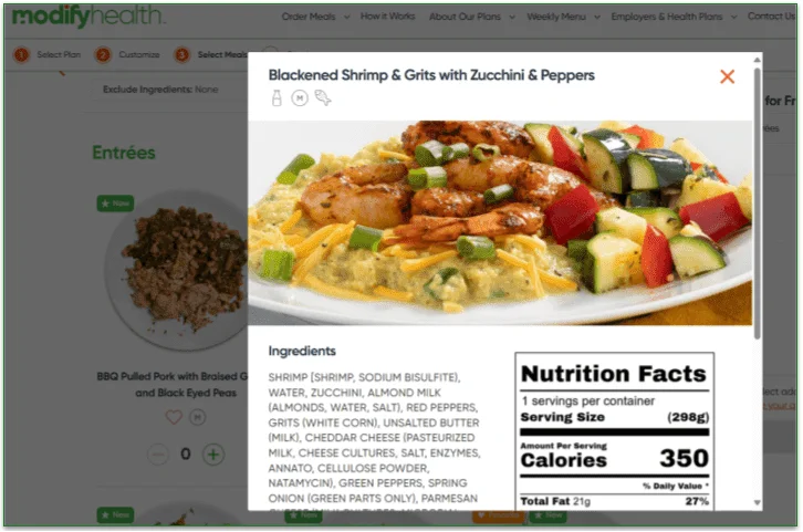 Screenshot of the ingredients list for the Blackened Shrimp & Grits dish