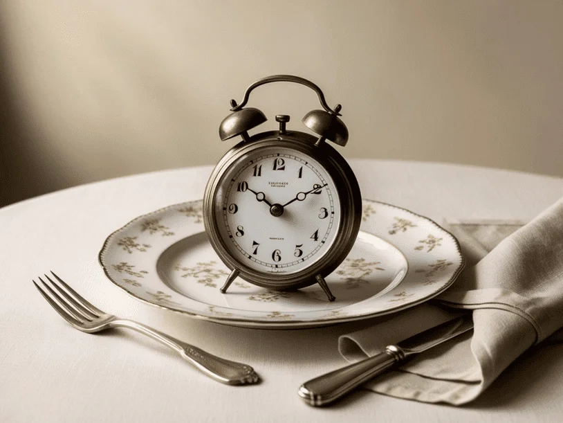 An analog clock on a plate, symbolizing IF is about when you eat and not what you eat