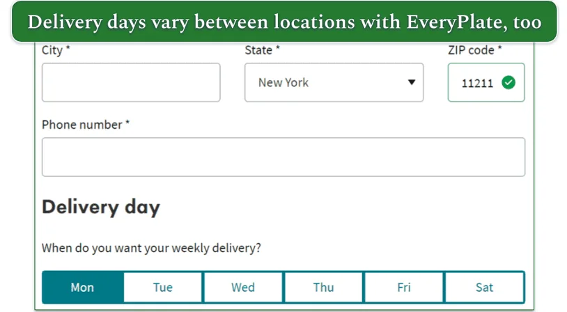Everyplate gives a choice of delivery days for some locations, too. The image shows 6 delivery days for NY