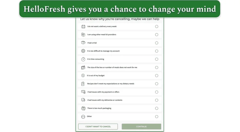 A screenshot of HelloFresh's cancellation screen
