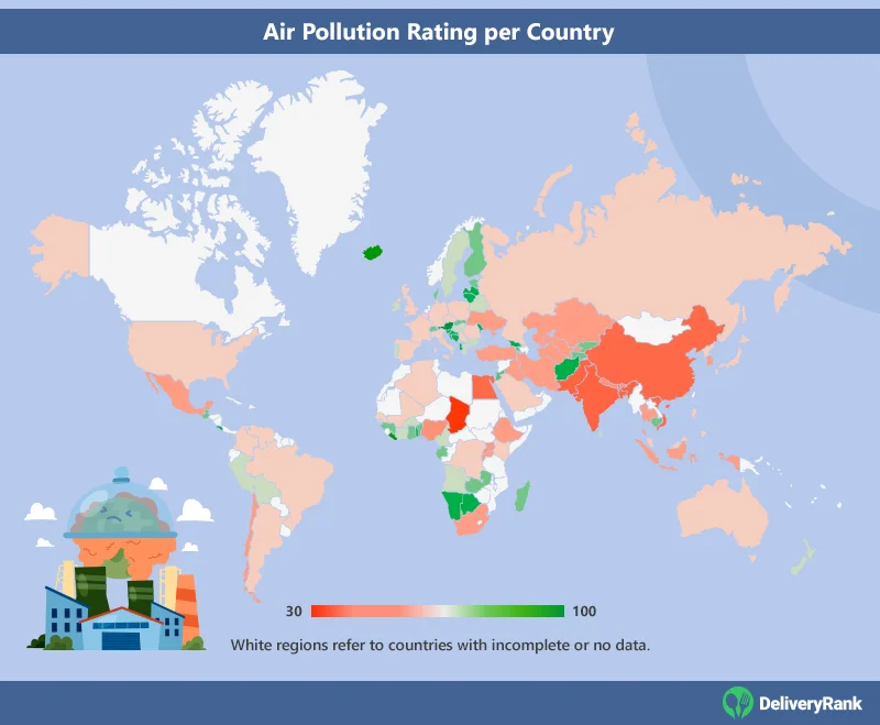 Geo chart of countries' scores in Air Pollution