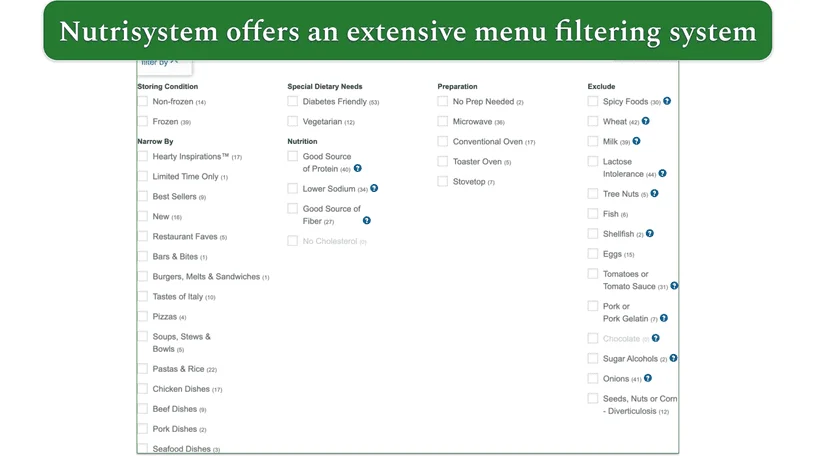 nutrisystem, menu filtering system