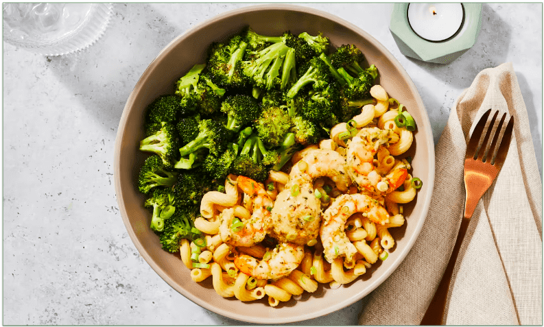 Cavatappi & Shrimp Scampi with Steamed Broccoli (450 calories)