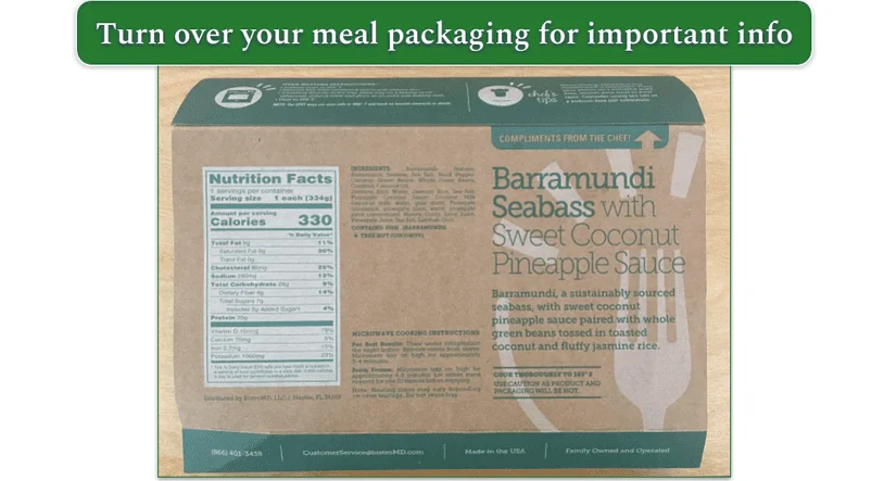 The reverse of a meal package showing nutritional info, ingredients, and allergens