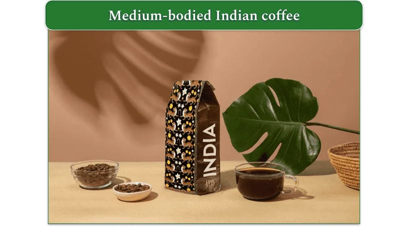  Image of Indian coffee in a bag, as beans, and in a cup
