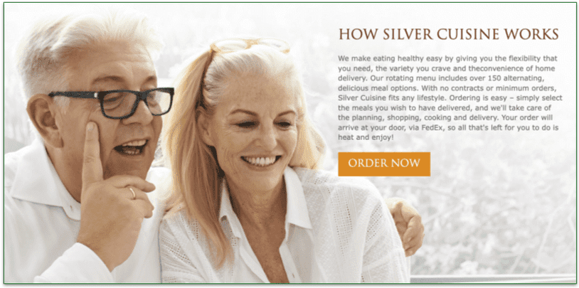 a smiling older couple, and the words "Silver Cuisine has no contracts or minimum orders"