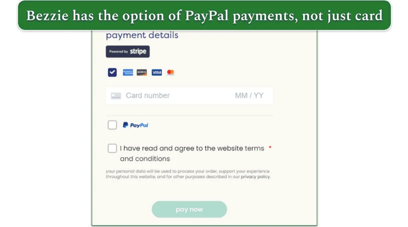 Bezzie's payments page