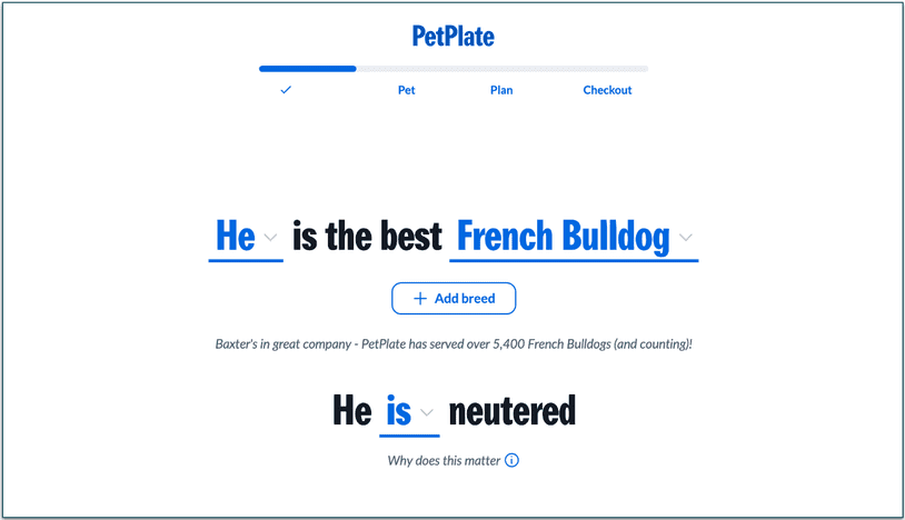 petplate sign up screen with french bulldog breed selected