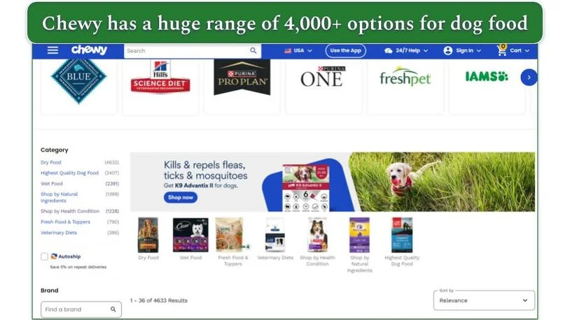 Dog food options available on Chewy
