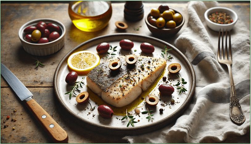 baked swordfish on a plate with olives around it
