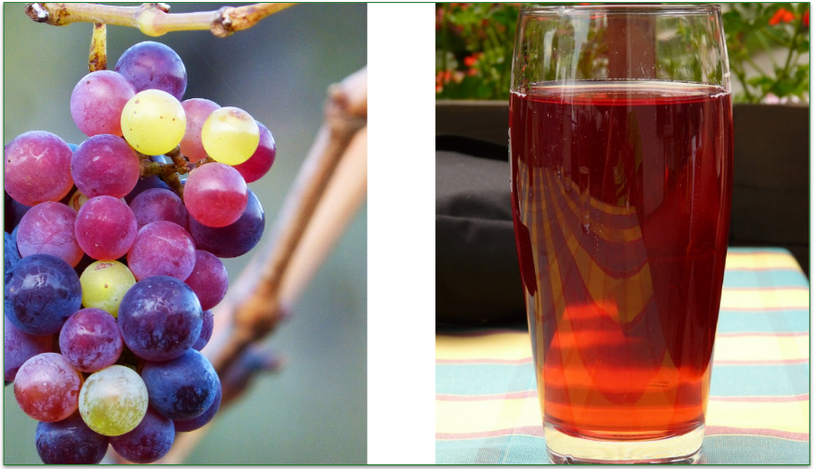 Bunch of grapes and a glass of red grape juice