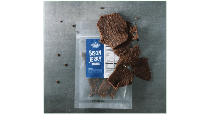 A 2-serving package of Ice Age Meals Bison Jerky