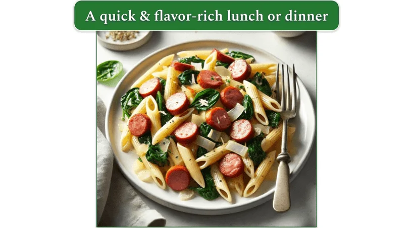 A serving of Kielbasa Pasta on a plate