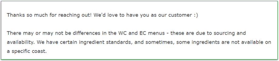 email response from Thistle customer service agent