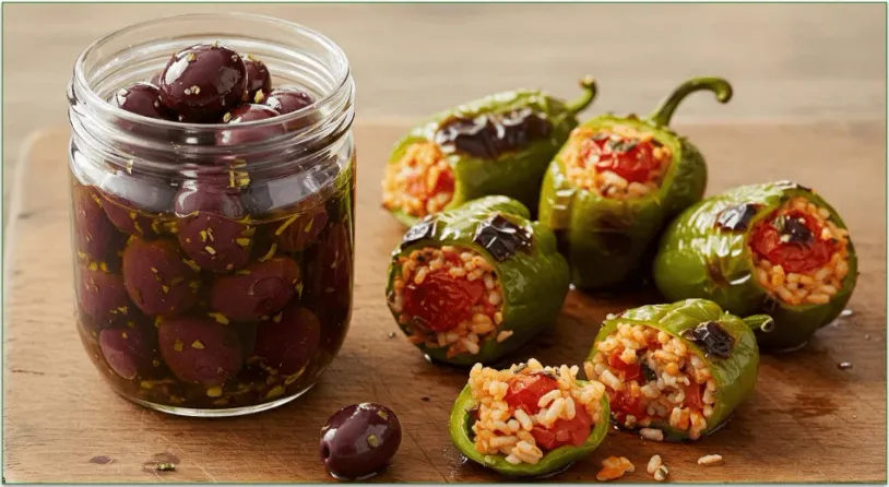 A jar of marinated Kalamata olives alongside some stuffed peppers.
