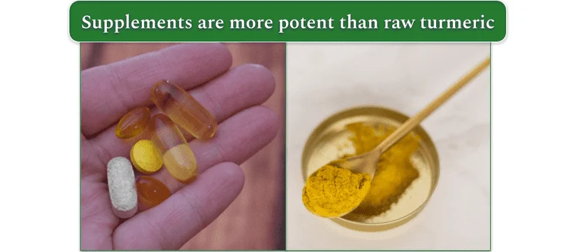 A handful of supplement pills capsules compared to a spoonful of ground turmeric
