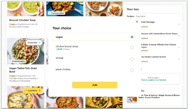 Screenshot of Marley Spoon's meal customization process