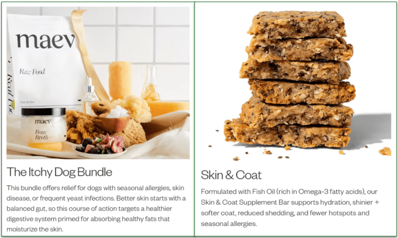 Maev’s Itchy dog bundle and Skin & Coat Supplement, which may be good for dogs suffering from skin allergies