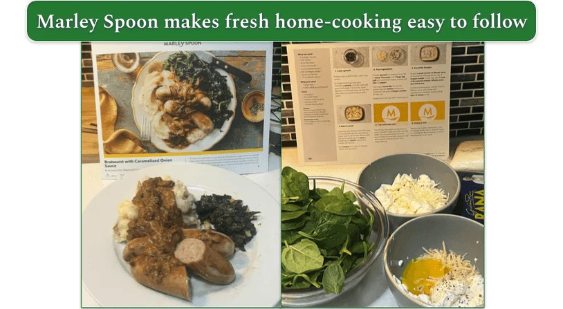 two images showing a Marley Spoon dish and cooking process next to its meal kit recipe cards
