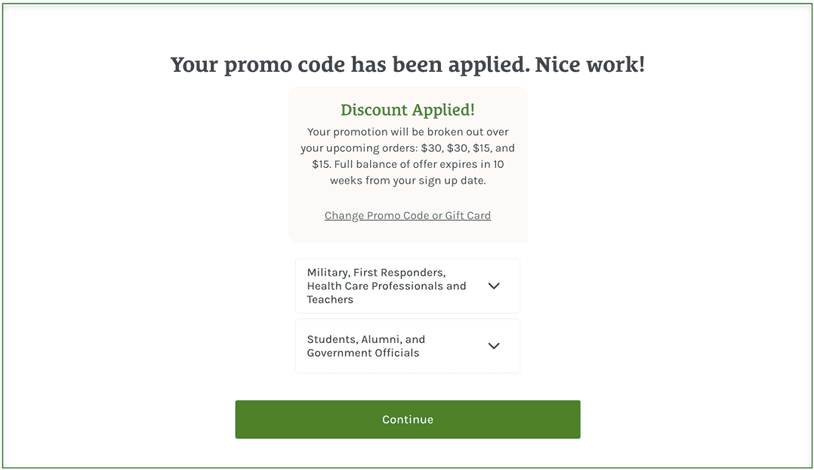 Screenshot of Fresh and Easy's discount page, where they offer discounts for military personnel, first responders, teachers, and other groups.