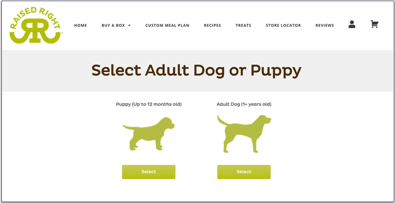 Screenshot of Raised Right’s custom plan page showing the choice between puppies and adult dogs