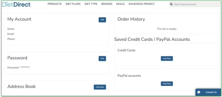 Diet Direct's My Account page