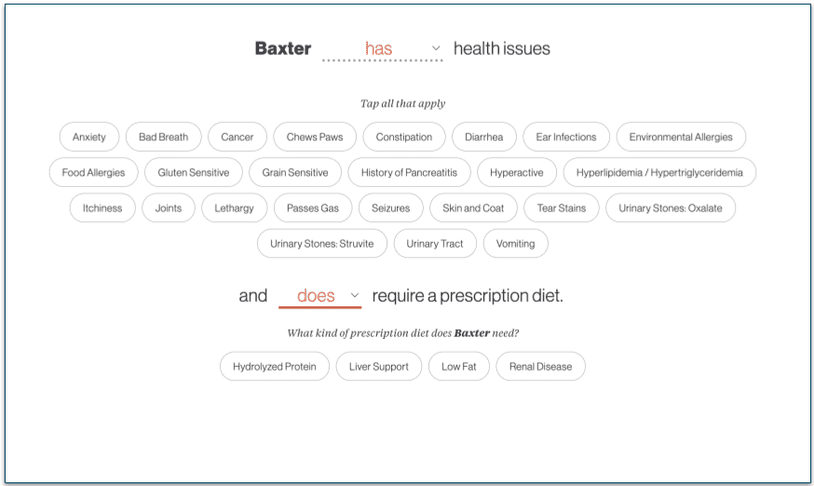 Screenshot of the health conditions and prescription diet screen during signup that lists various issues that may affect your dog such as allergies, joints, diabetes, and weight loss