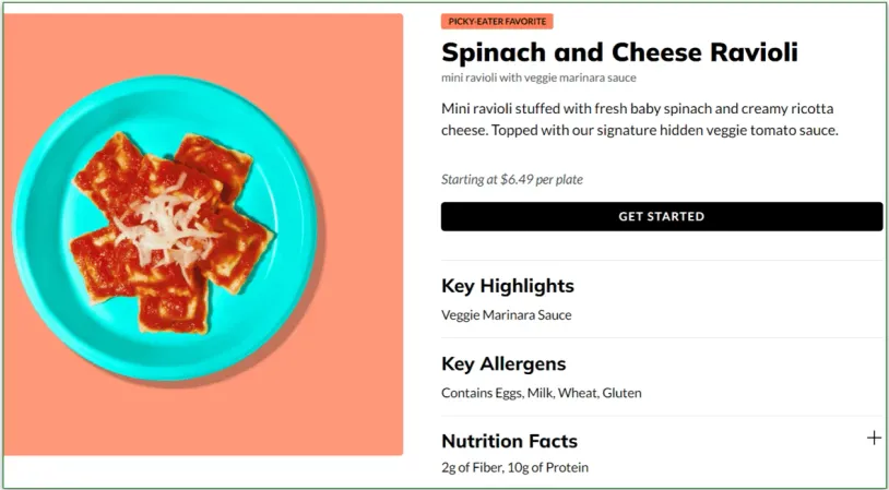Little Spoon's Spinach and Ravioli dish with a Nutrition Facts title to click on
