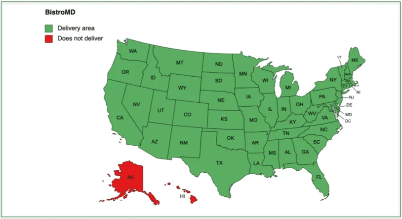 Image of a map of the US showing the continental US BistroMD delivery areas in green