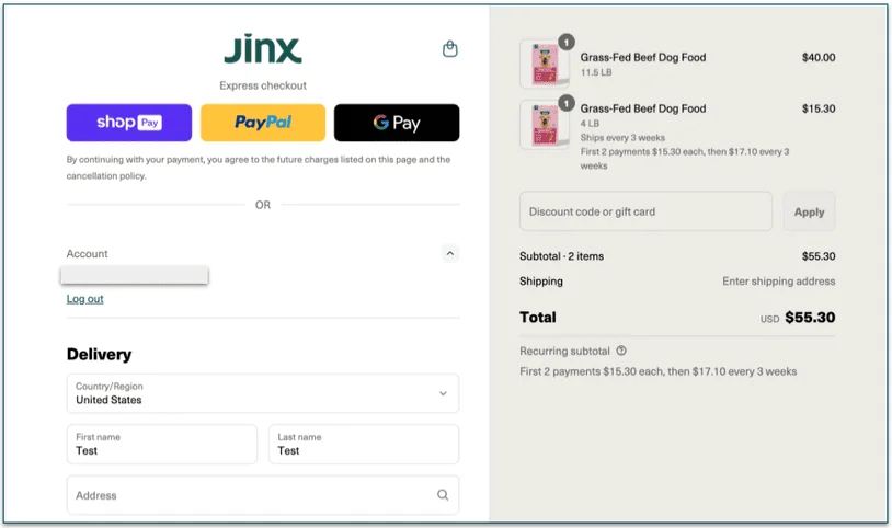 Jinx's express checkout page