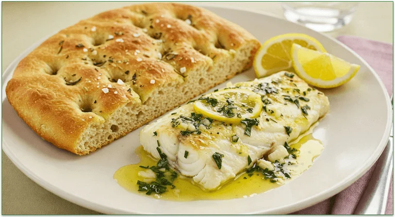 Grilled white fish in a buttery, lemony, herby sauce alongside some focaccia bread.