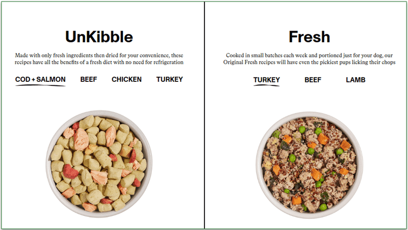 Screenshot of Spot & Tango's recipe offer, both Fresh and UnKibble