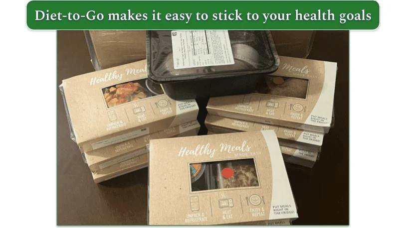 A stack of Diet-to-Go's prepared meals in packaging