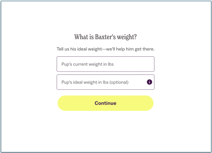screengrab of page asking "What is Baxter's weight?" with boxes for current weight and ideal weight