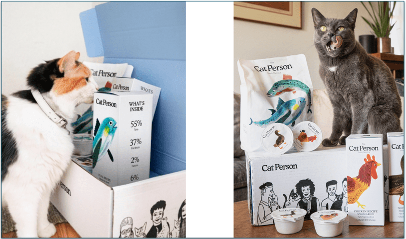 Cats sitting next to their Cat Person delivery boxes