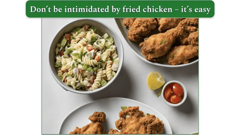 a bowl of pasta salad beside a plate of fried chicken