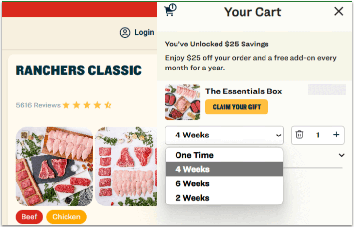 Good Ranchers' cart with subscription frequency drop-down box