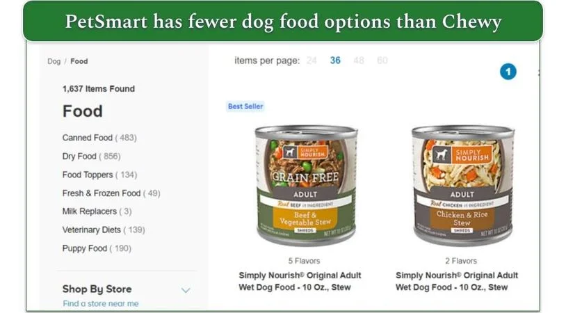 Screenshot of PetSmart's dog food options listing over 1,600 items